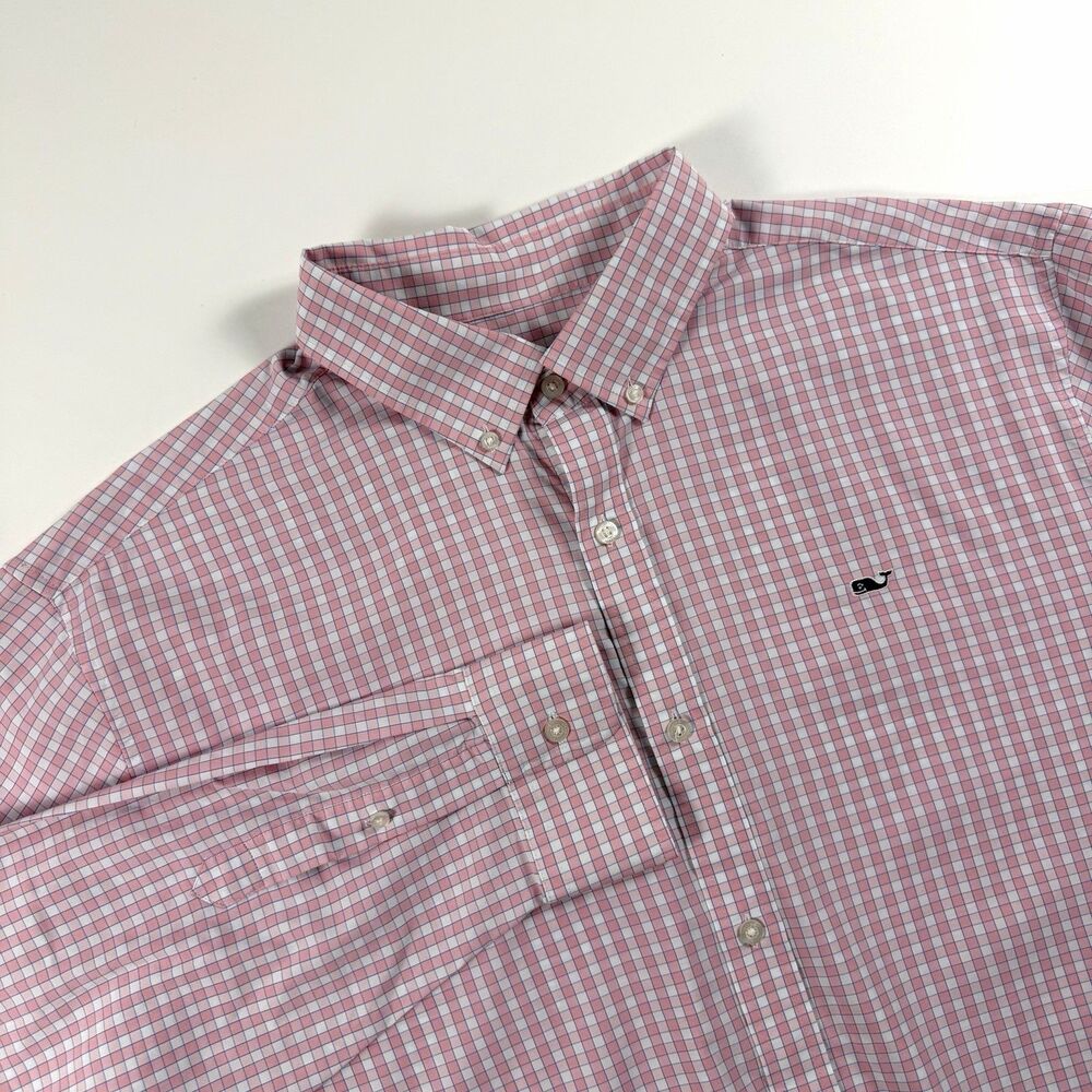 Vineyard Vines Whale Shirt Men’s 2XL Pink Blue Plaid Button Down Long Sleeve
